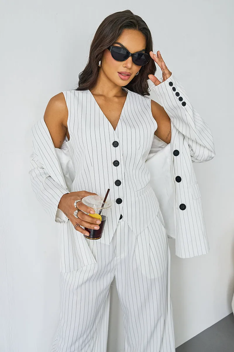 Women's Grey V-Neck Tailored Button Tank & Suiting Pants With Notch Lapel Blazer Three-Piece Set