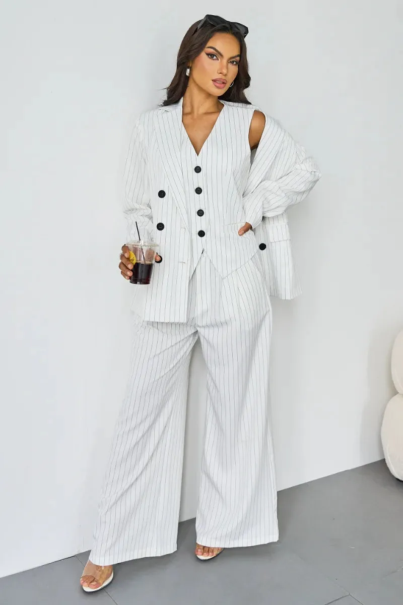 Women's Grey V-Neck Tailored Button Tank & Suiting Pants With Notch Lapel Blazer Three-Piece Set