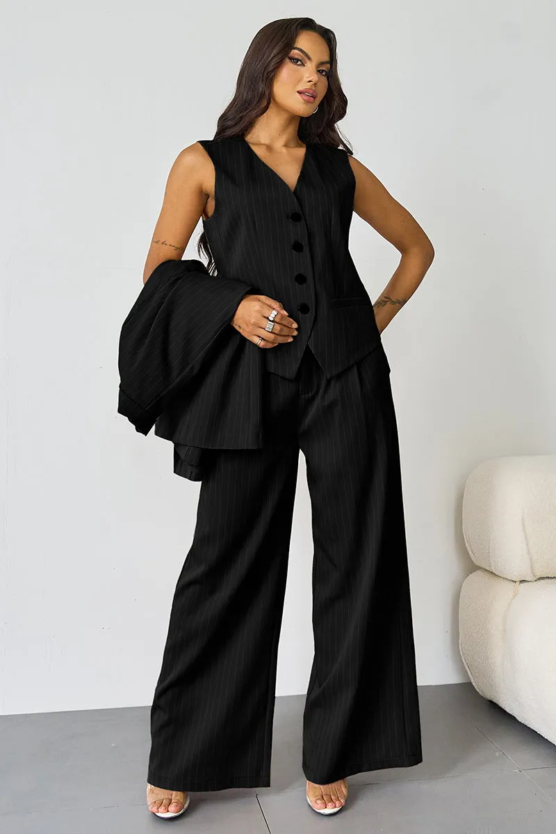 Women's Grey V-Neck Tailored Button Tank & Suiting Pants With Notch Lapel Blazer Three-Piece Set