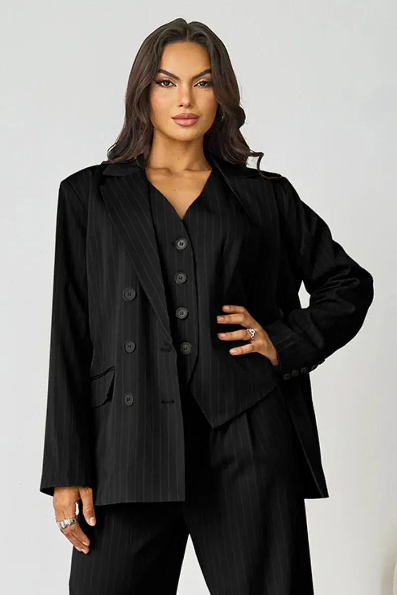 Women's Grey V-Neck Tailored Button Tank & Suiting Pants With Notch Lapel Blazer Three-Piece Set