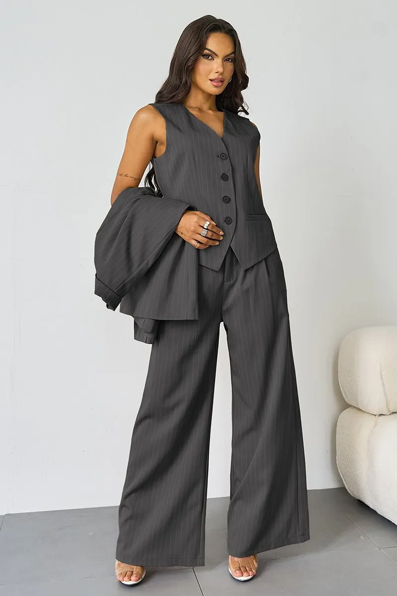 Women's Grey V-Neck Tailored Button Tank & Suiting Pants With Notch Lapel Blazer Three-Piece Set