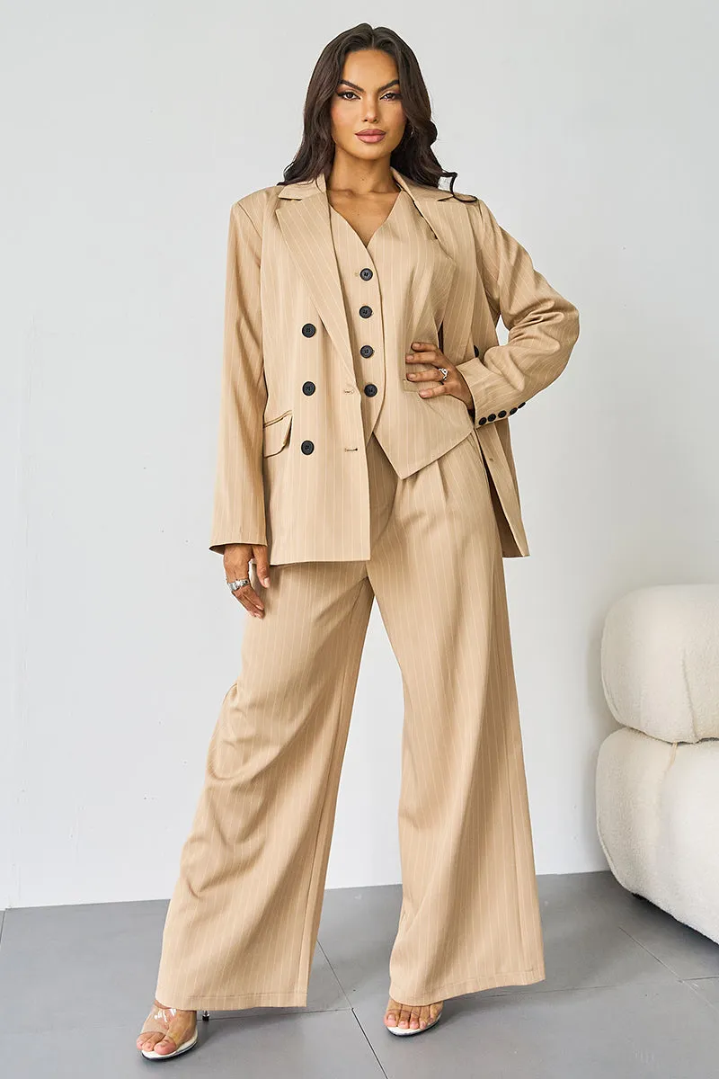 Women's Grey V-Neck Tailored Button Tank & Suiting Pants With Notch Lapel Blazer Three-Piece Set