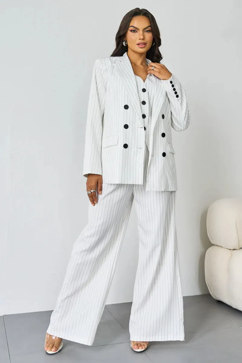 Women's Grey V-Neck Tailored Button Tank & Suiting Pants With Notch Lapel Blazer Three-Piece Set