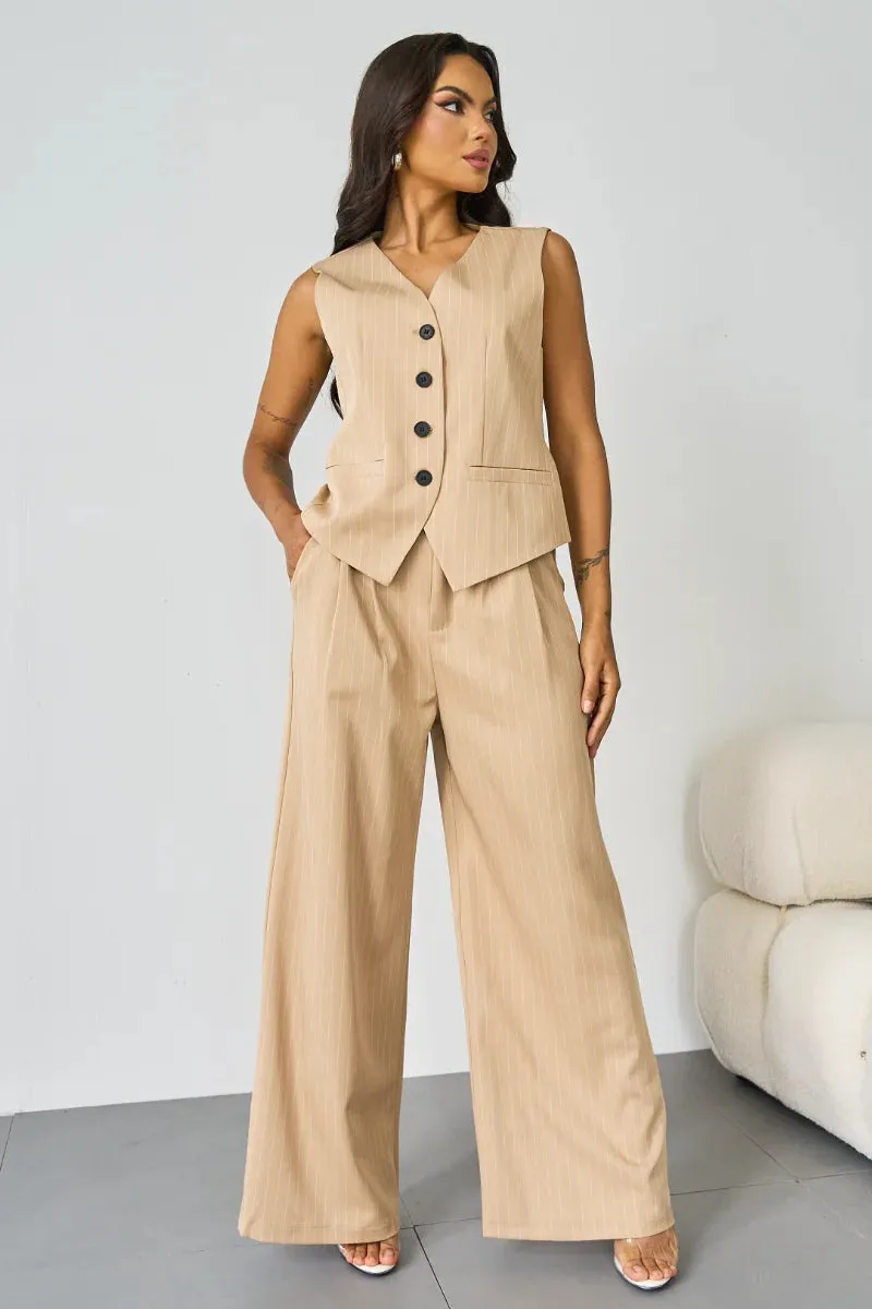 Women's Grey V-Neck Tailored Button Tank & Suiting Pants With Notch Lapel Blazer Three-Piece Set