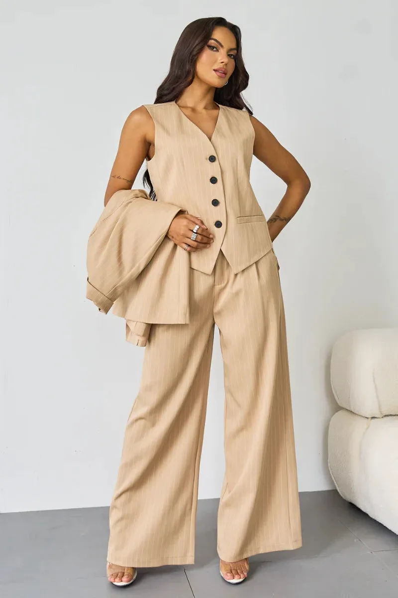 Women's Grey V-Neck Tailored Button Tank & Suiting Pants With Notch Lapel Blazer Three-Piece Set