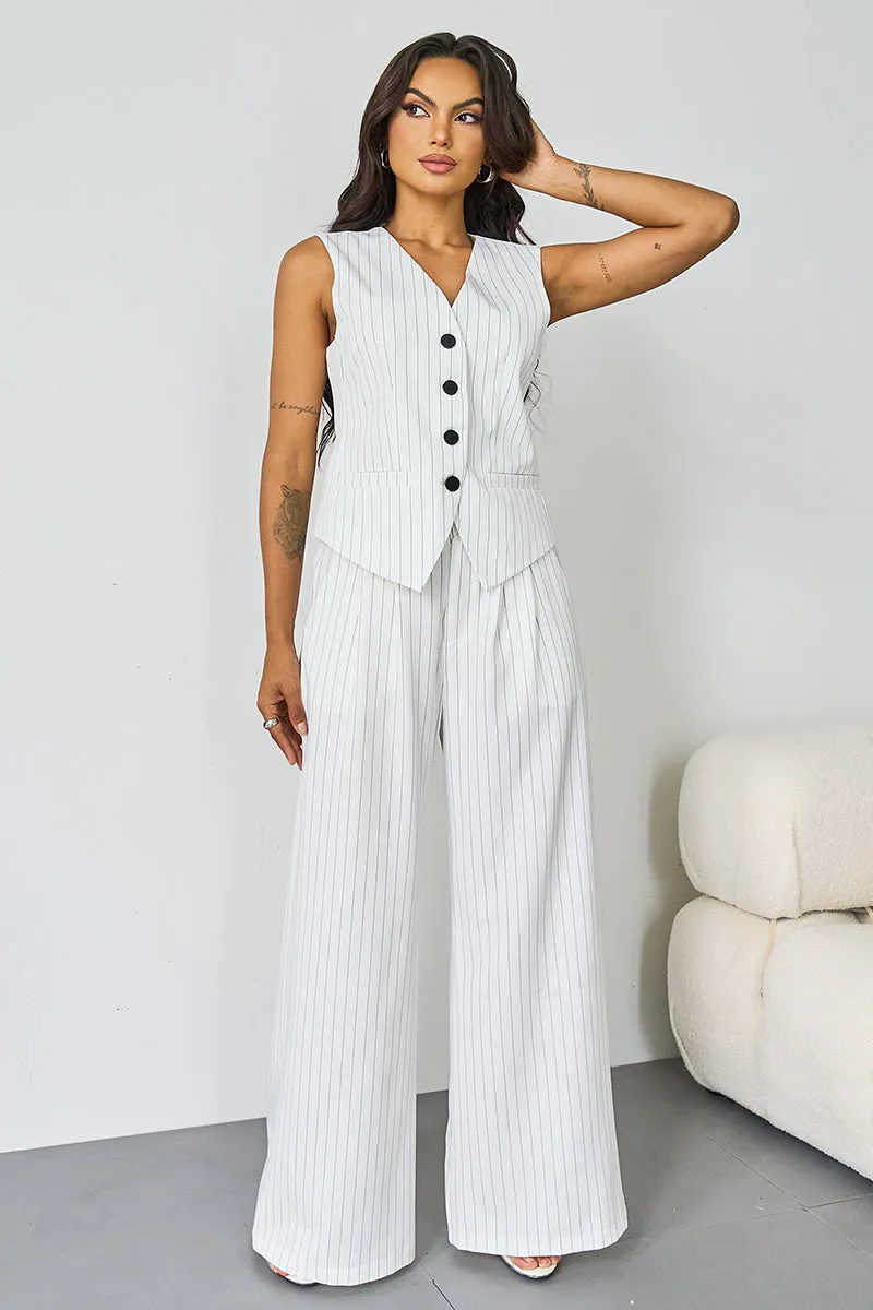 Women's Grey V-Neck Tailored Button Tank & Suiting Pants With Notch Lapel Blazer Three-Piece Set