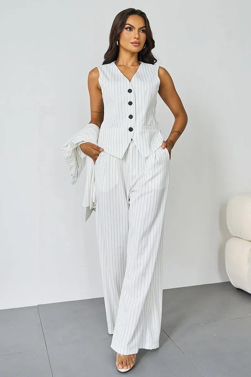 Women's Grey V-Neck Tailored Button Tank & Suiting Pants With Notch Lapel Blazer Three-Piece Set