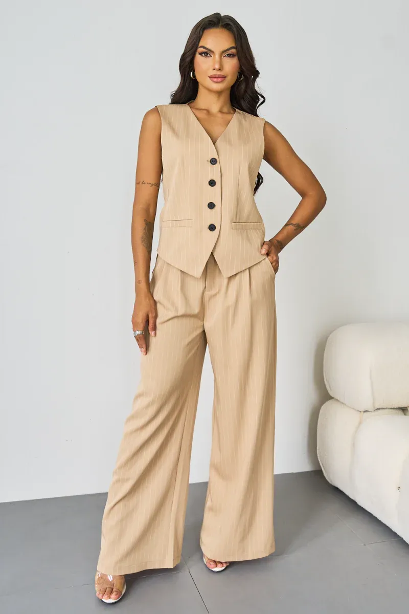 Women's Grey V-Neck Tailored Button Tank & Suiting Pants With Notch Lapel Blazer Three-Piece Set
