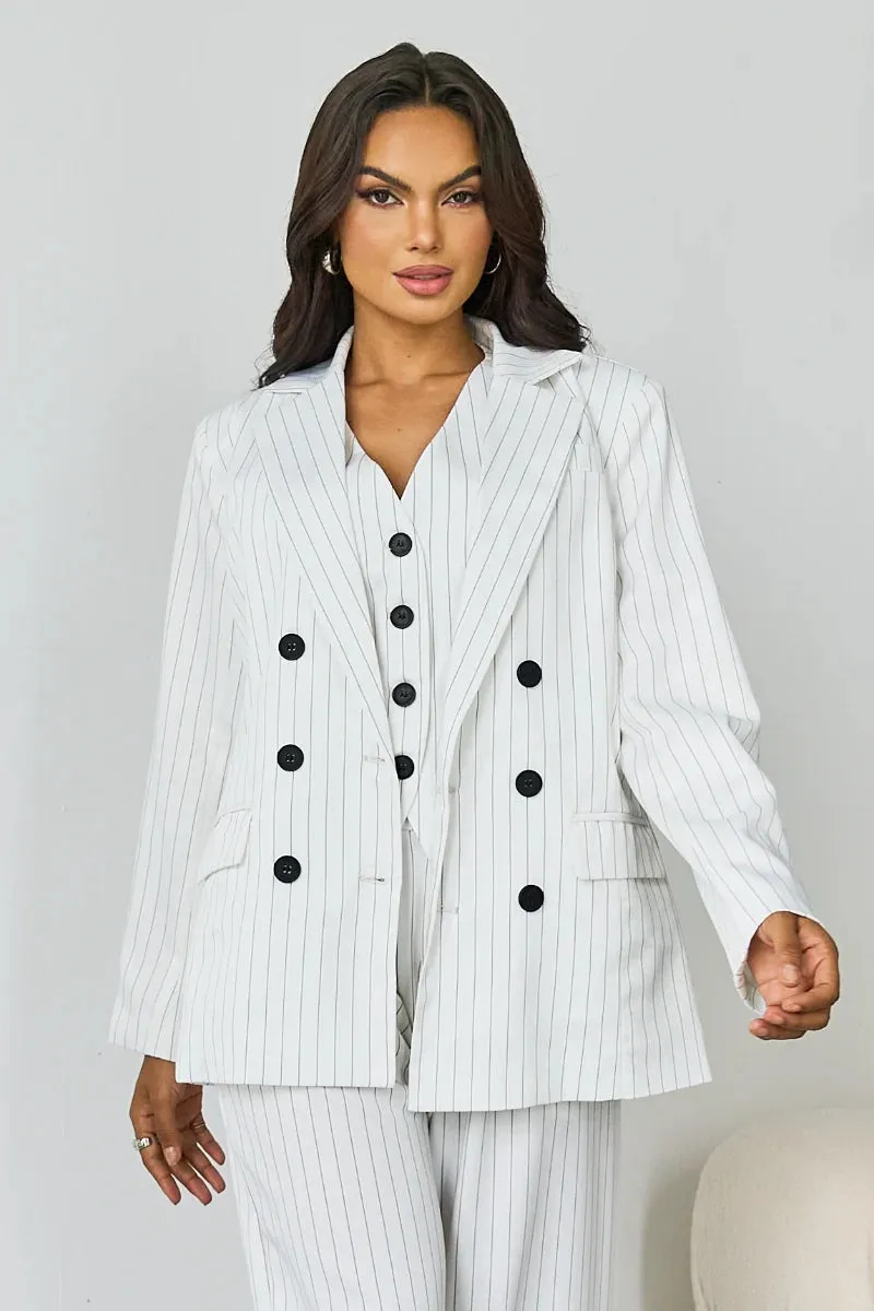 Women's Grey V-Neck Tailored Button Tank & Suiting Pants With Notch Lapel Blazer Three-Piece Set