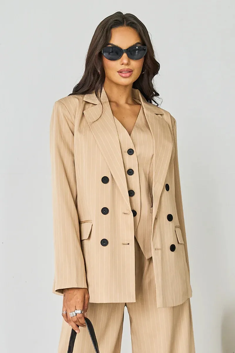 Women's Grey V-Neck Tailored Button Tank & Suiting Pants With Notch Lapel Blazer Three-Piece Set