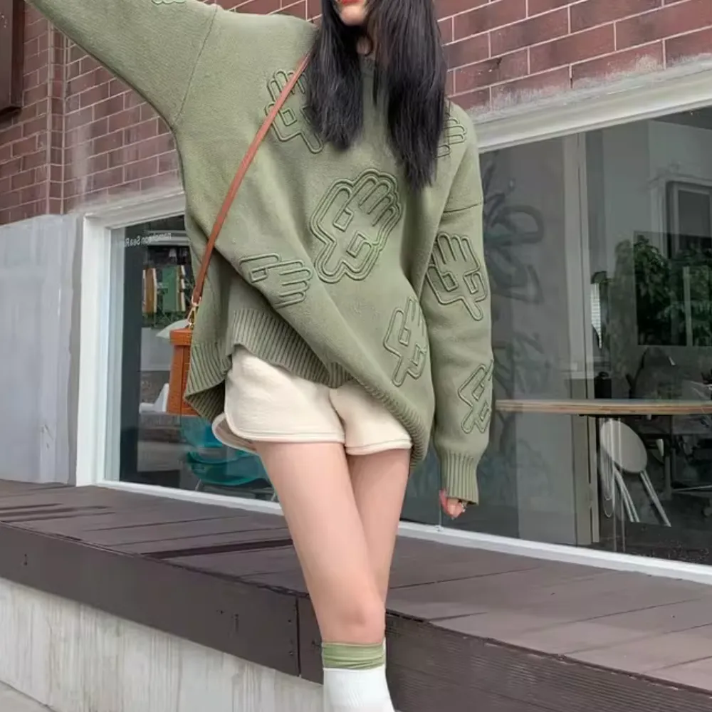 Women's Japanese Green 3D Pattern Sweater