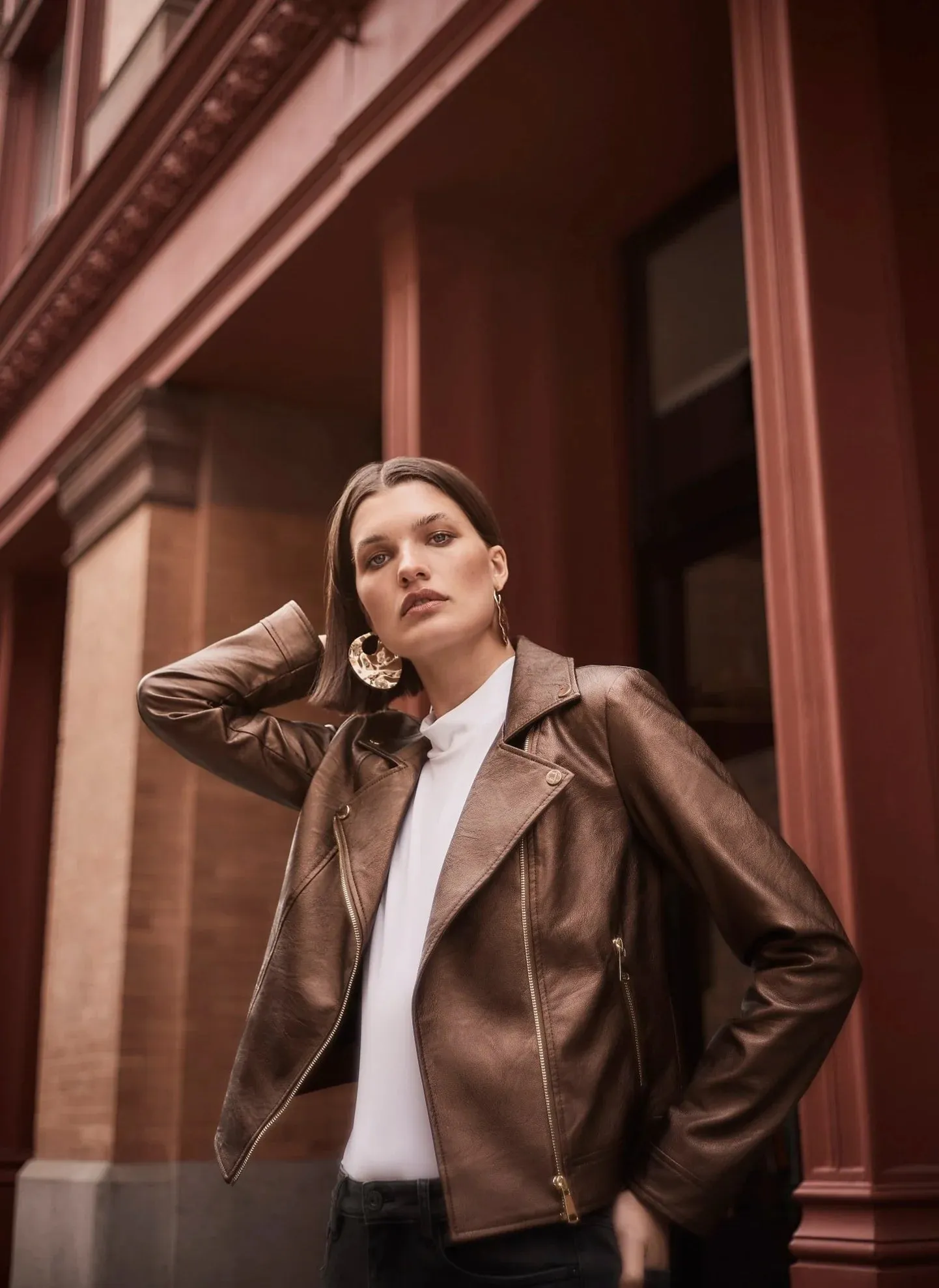 Women's Joseph Ribkoff | Metallic Faux Leather Biker Jacket | Bronze