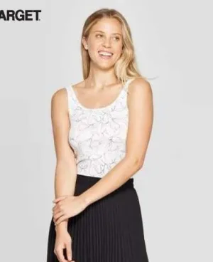 Women's Leaf Print Regular Fit  Scoop Neck Tank Top - A New Day White/Black