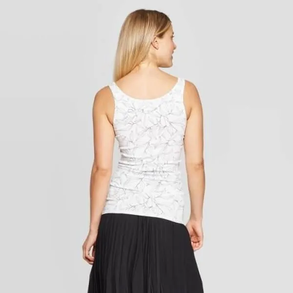 Women's Leaf Print Regular Fit  Scoop Neck Tank Top - A New Day White/Black