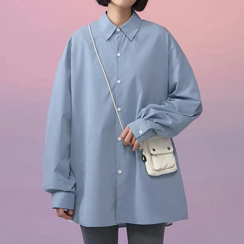 Women's Long Sleeve Shirt White Turn Down Collar Teen Girls Oversized Long Sleeve Shirt