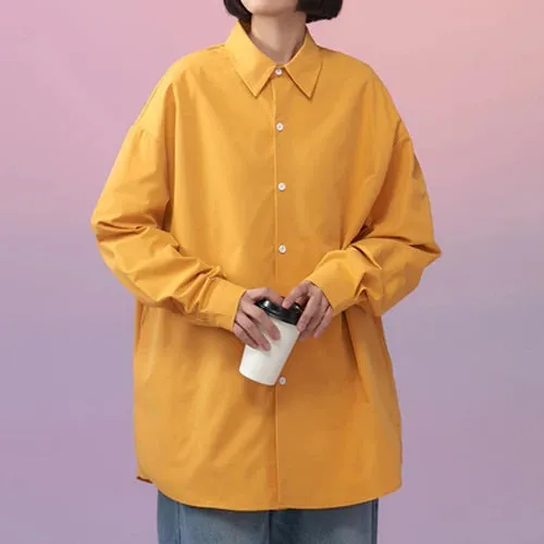 Women's Long Sleeve Shirt White Turn Down Collar Teen Girls Oversized Long Sleeve Shirt