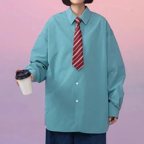 Women's Long Sleeve Shirt White Turn Down Collar Teen Girls Oversized Long Sleeve Shirt
