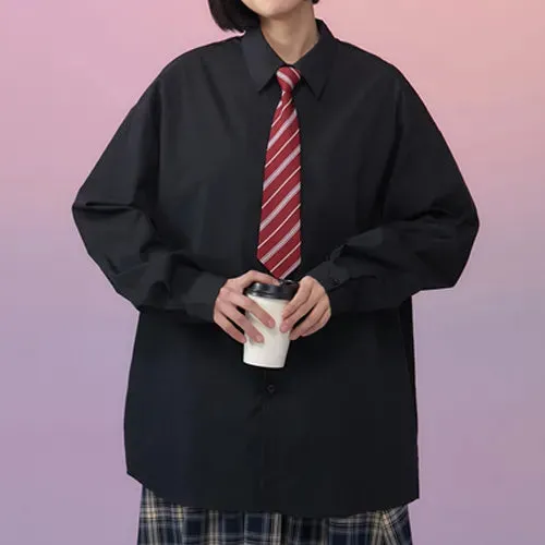 Women's Long Sleeve Shirt White Turn Down Collar Teen Girls Oversized Long Sleeve Shirt
