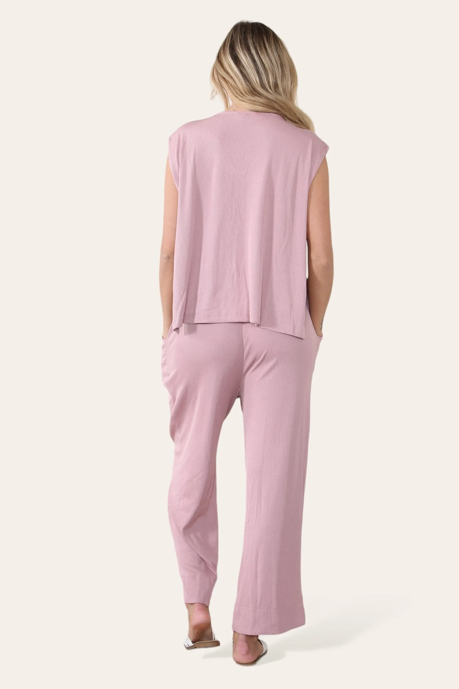 Women's Minimalist V Neck Sleeveless Oversize Top & Elastic Waist Drawstring Wide Leg Trousers Co-ord