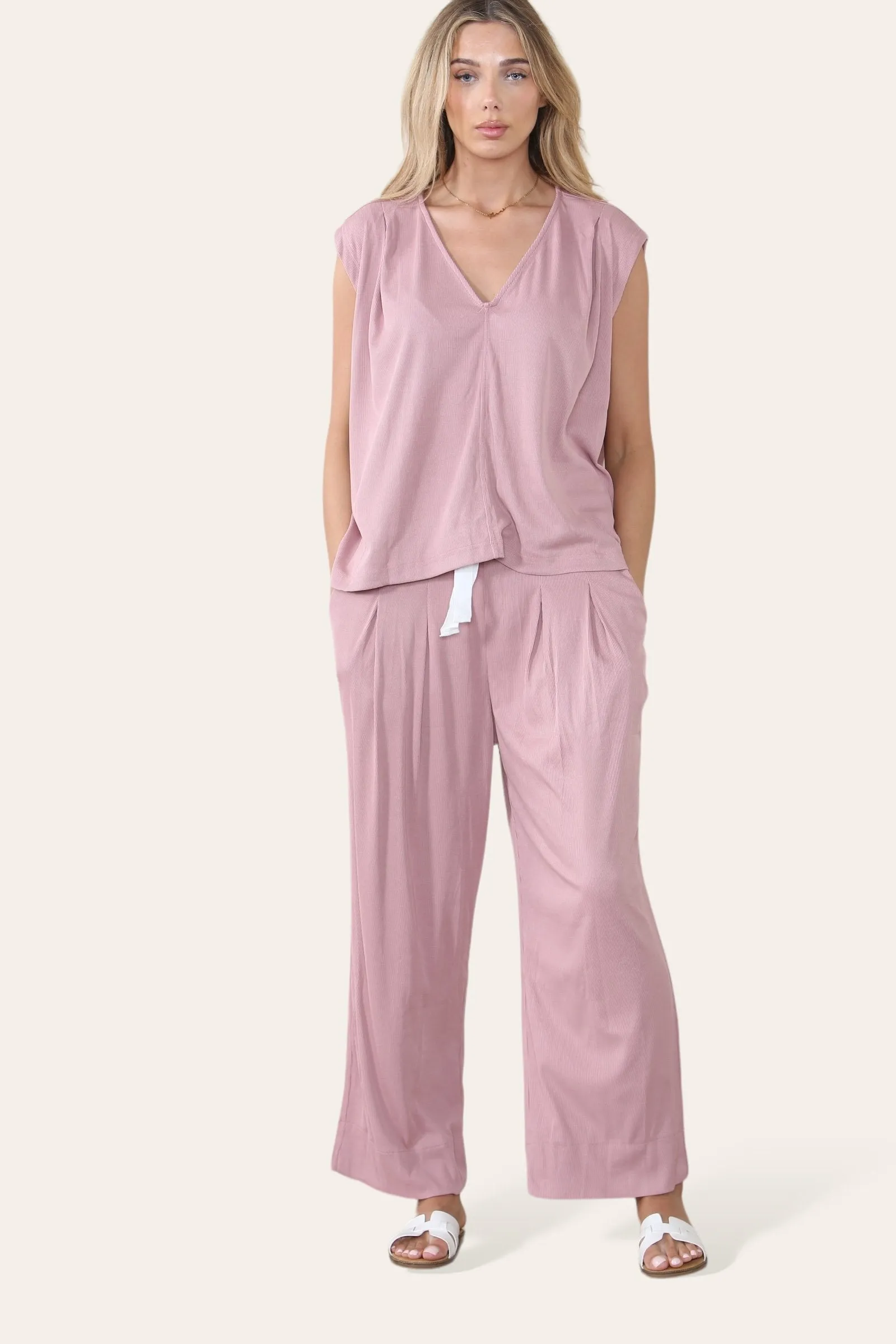 Women's Minimalist V Neck Sleeveless Oversize Top & Elastic Waist Drawstring Wide Leg Trousers Co-ord