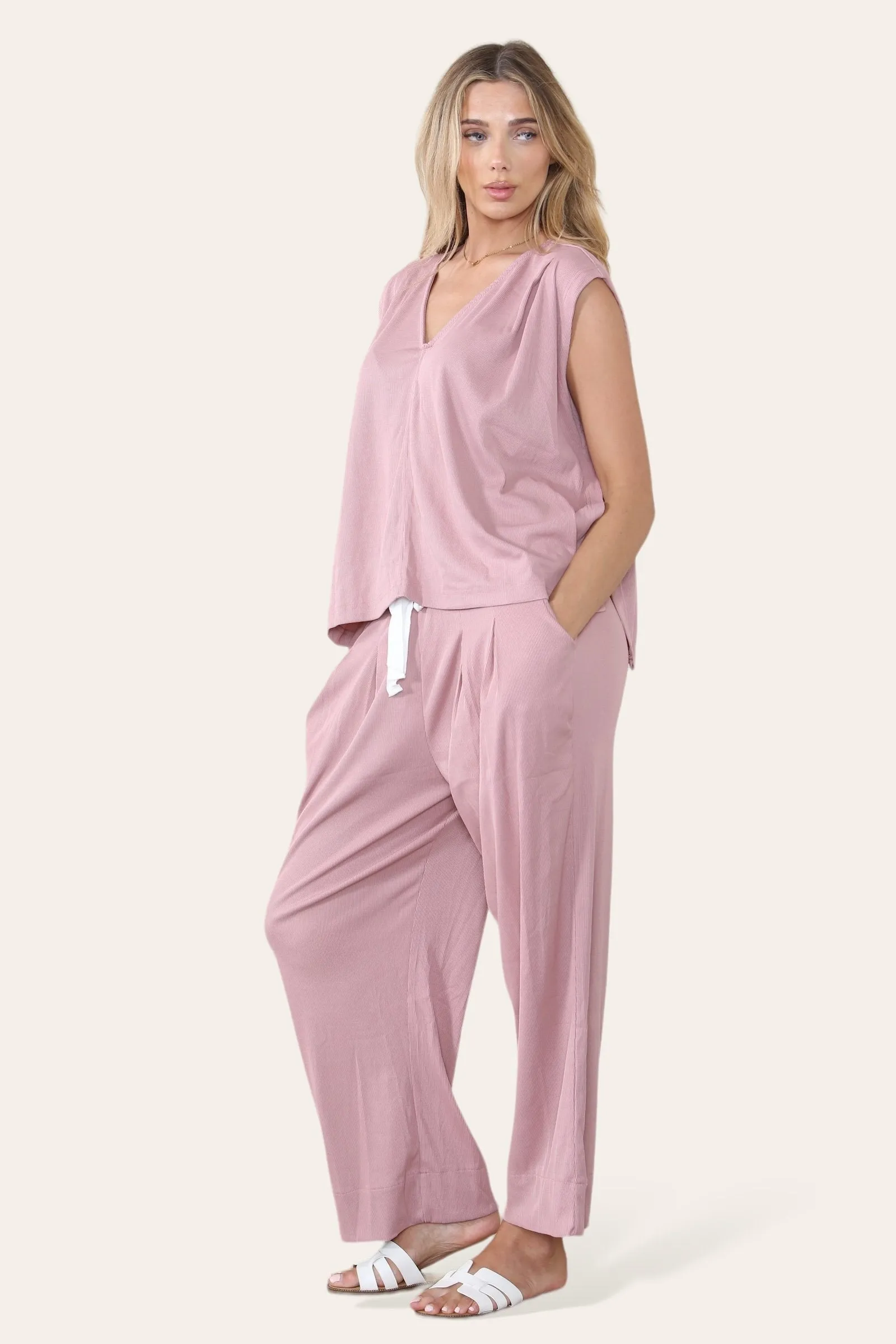 Women's Minimalist V Neck Sleeveless Oversize Top & Elastic Waist Drawstring Wide Leg Trousers Co-ord