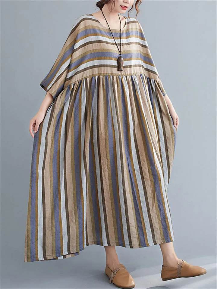 Women's Multicolor Stripes Big Size Loose Casual Dress