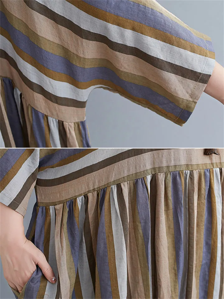 Women's Multicolor Stripes Big Size Loose Casual Dress