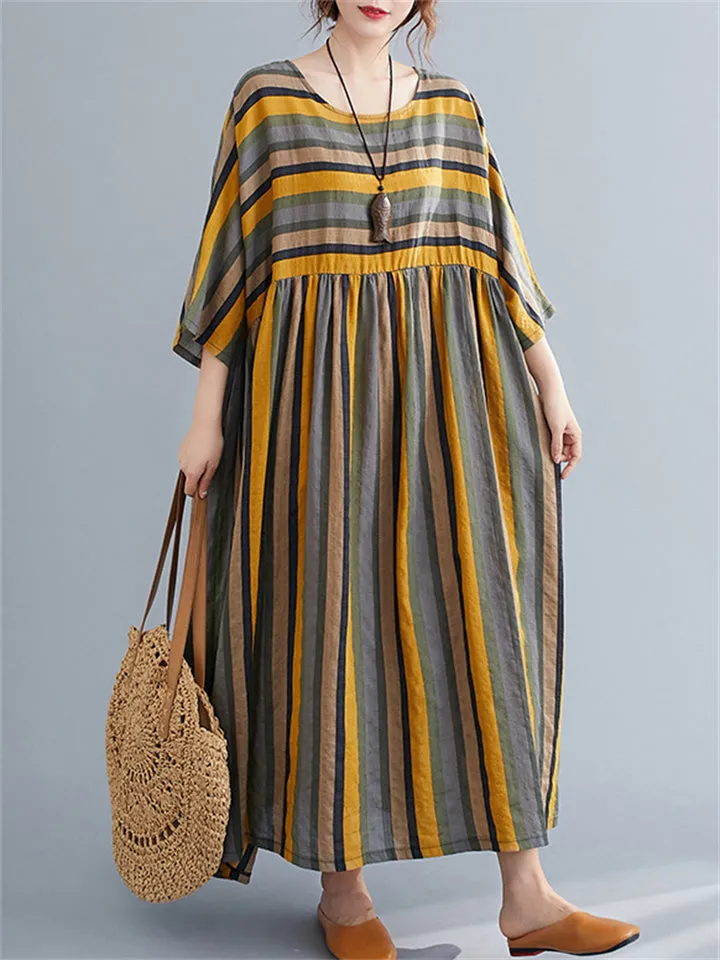 Women's Multicolor Stripes Big Size Loose Casual Dress
