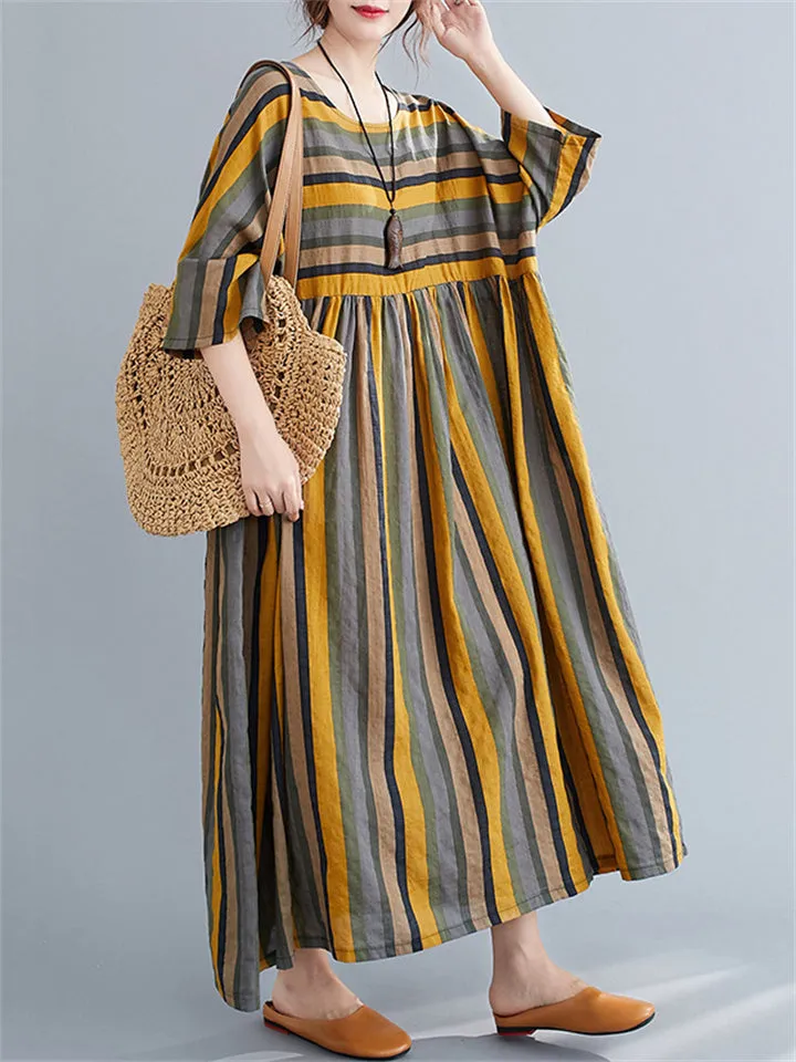 Women's Multicolor Stripes Big Size Loose Casual Dress