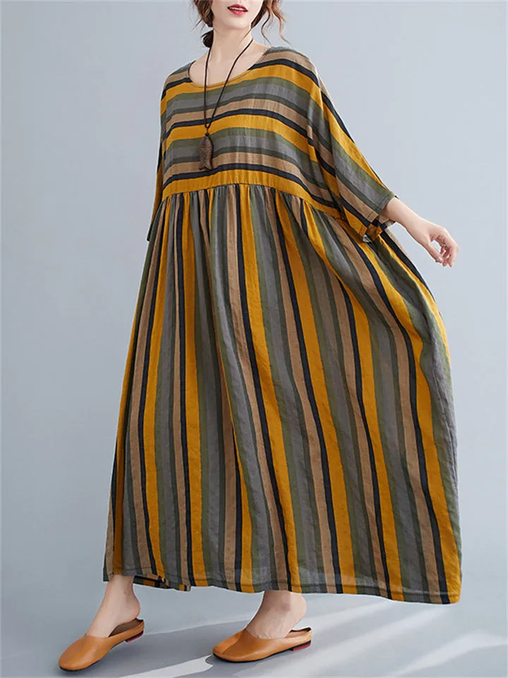 Women's Multicolor Stripes Big Size Loose Casual Dress