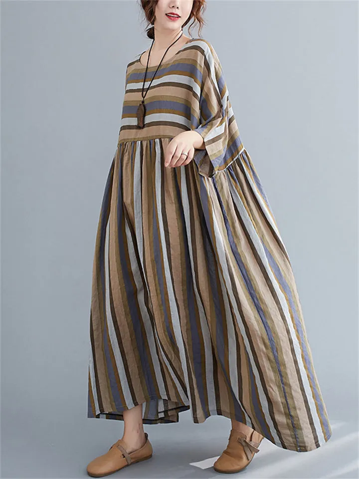 Women's Multicolor Stripes Big Size Loose Casual Dress