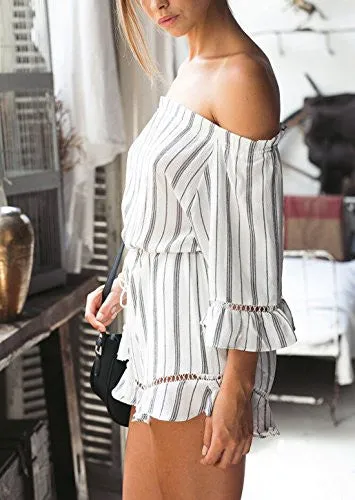 Women's Off shoulder Jumpsuit 3/4 Sleeve Striped Short Romper