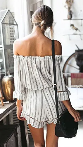 Women's Off shoulder Jumpsuit 3/4 Sleeve Striped Short Romper