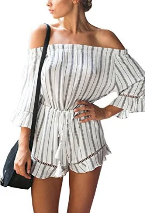 Women's Off shoulder Jumpsuit 3/4 Sleeve Striped Short Romper