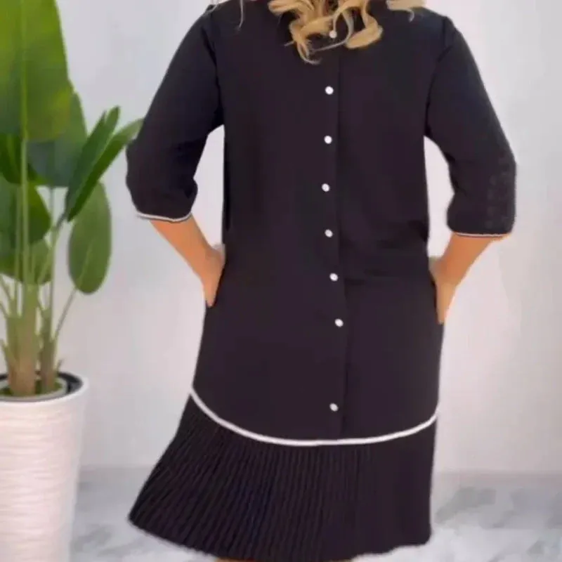 Women's Pleated Dress | Round Neck, Back Button Closure, Lightweight Fabric for Everyday Wear