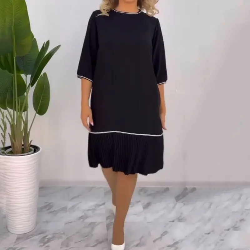 Women's Pleated Dress | Round Neck, Back Button Closure, Lightweight Fabric for Everyday Wear