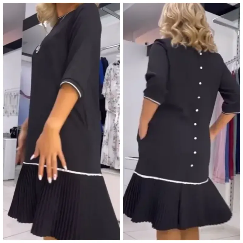 Women's Pleated Dress | Round Neck, Back Button Closure, Lightweight Fabric for Everyday Wear