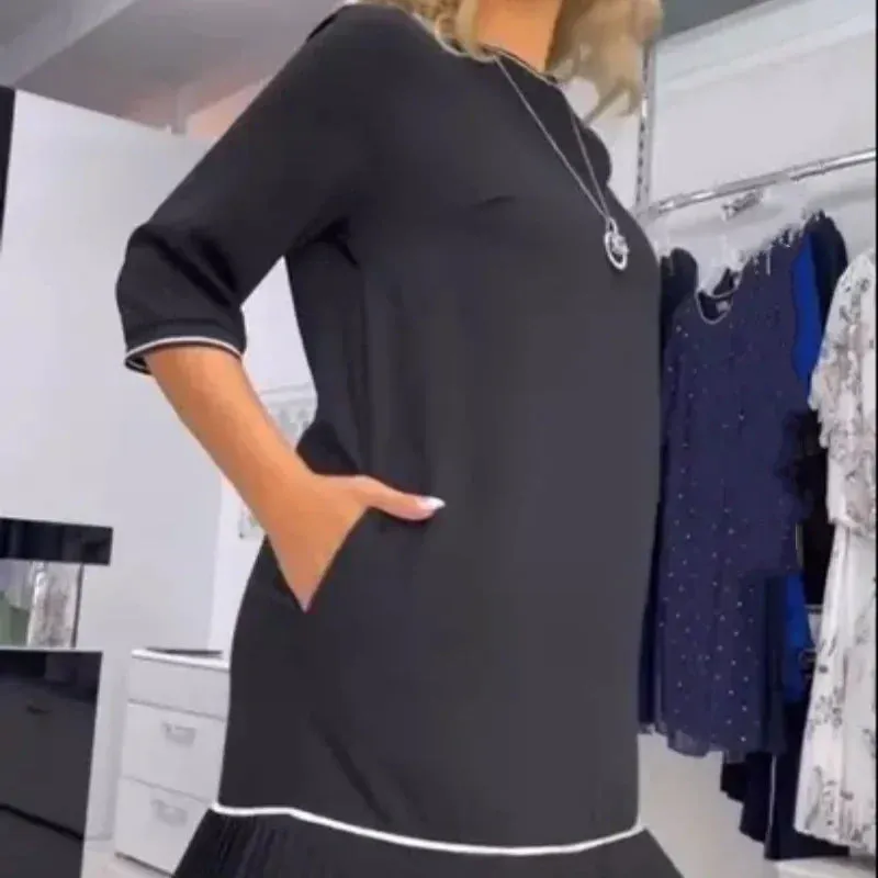 Women's Pleated Dress | Round Neck, Back Button Closure, Lightweight Fabric for Everyday Wear