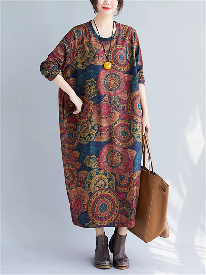 Women's Retro Literary Casual Print Crewneck Dresses