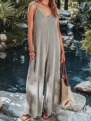 Women's Ribbed Solid Color Casual Jumpsuit