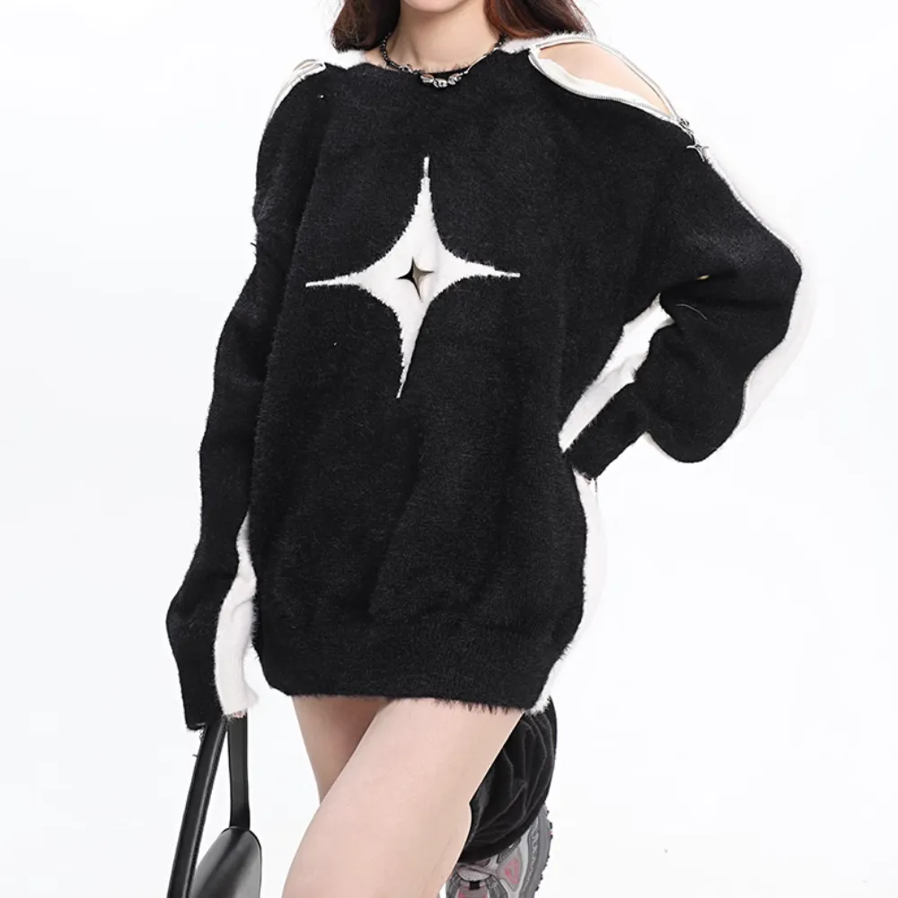 Women's Sexy One Shoulder Contrast Sweater