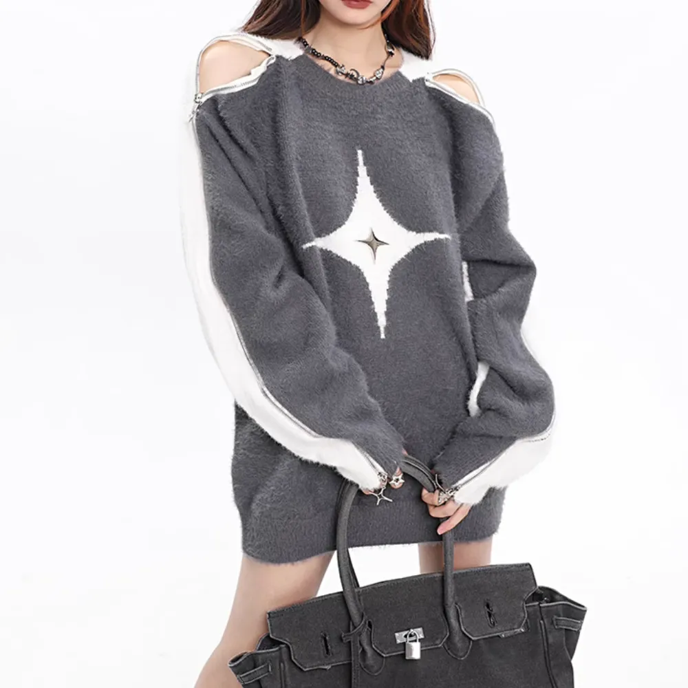 Women's Sexy One Shoulder Contrast Sweater