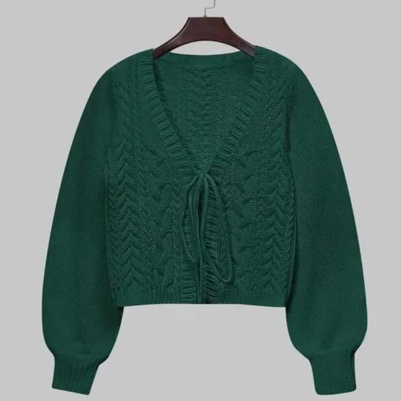Women's Solid Green Long Sleeve Tie Front Sweater Cardigan NWT Size Medi…