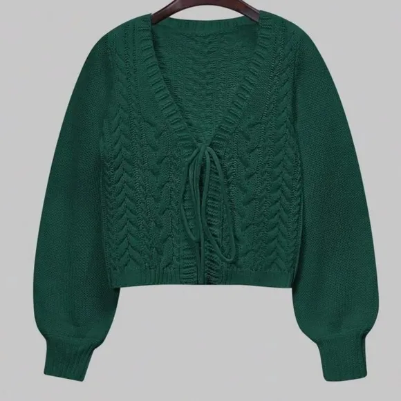 Women's Solid Green Long Sleeve Tie Front Sweater Cardigan NWT Size Medi…