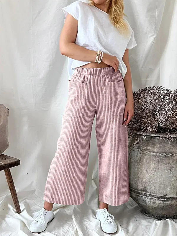 Women's Stripe Elastic Waist Casual Comfy Wide Leg Pants