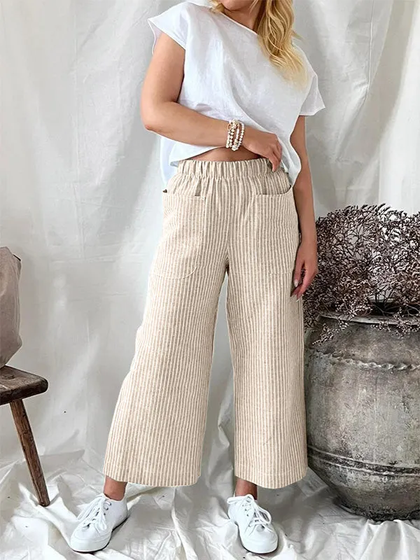 Women's Stripe Elastic Waist Casual Comfy Wide Leg Pants