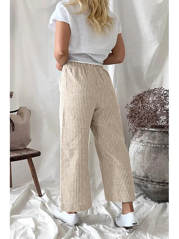 Women's Stripe Elastic Waist Casual Comfy Wide Leg Pants