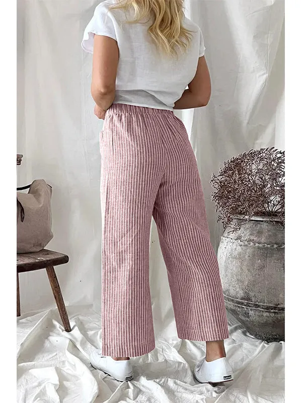 Women's Stripe Elastic Waist Casual Comfy Wide Leg Pants