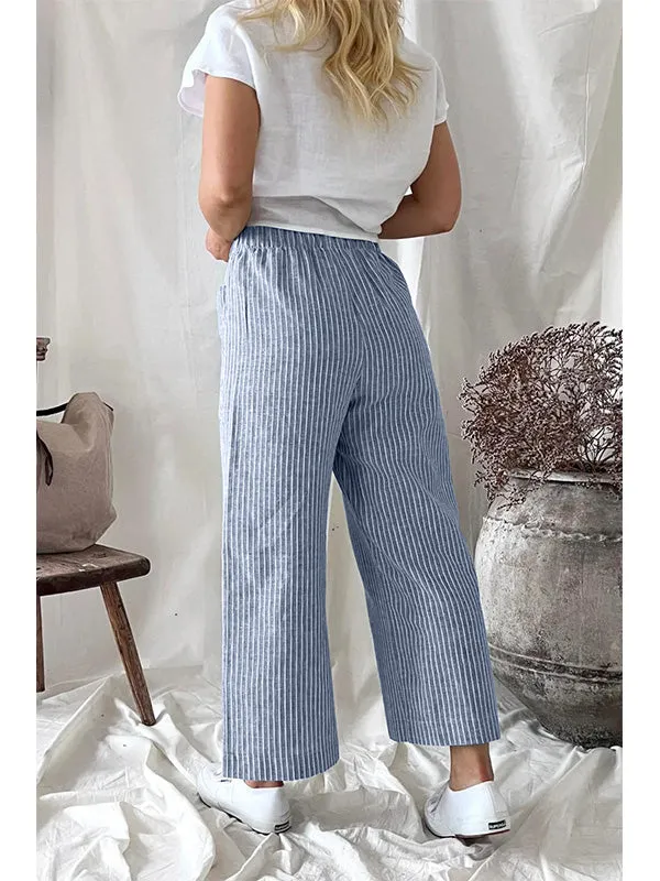 Women's Stripe Elastic Waist Casual Comfy Wide Leg Pants