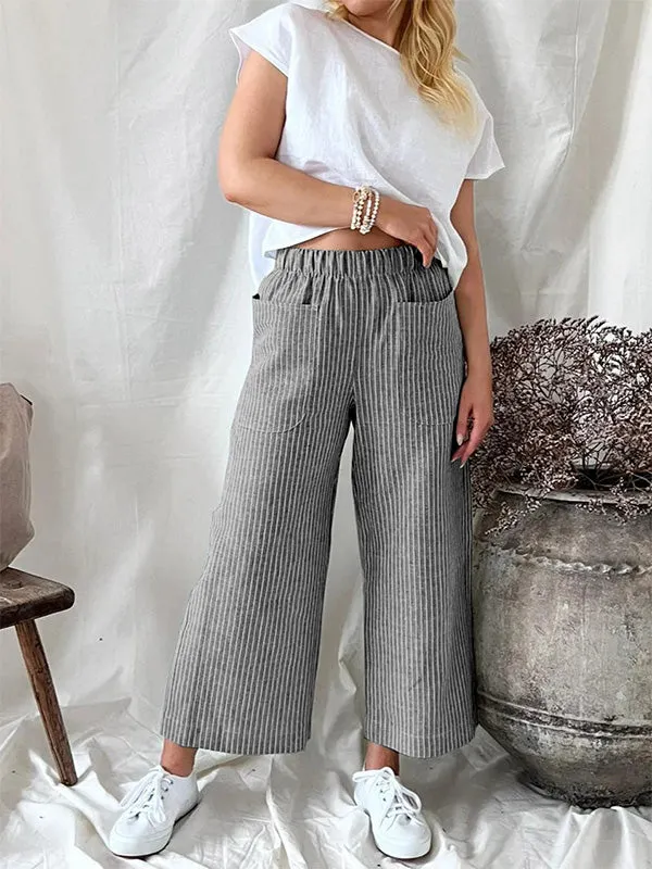 Women's Stripe Elastic Waist Casual Comfy Wide Leg Pants